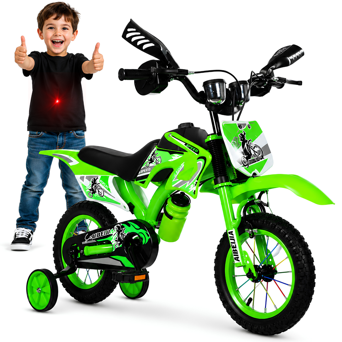 Bicicleta para NENE NIÑO Infantil MOTOCROSS Urbana Rodado 12 Con Rueditas Y ACELERDOR ROJA-VERDE