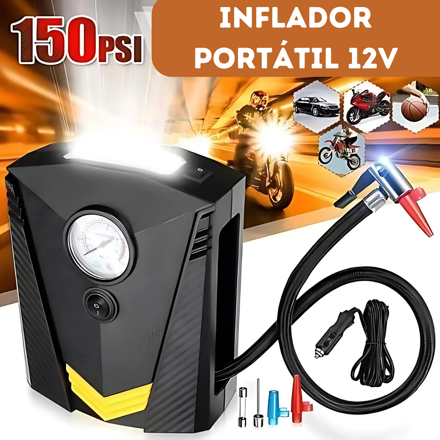 Inflador Compresor Portátil 12v Para Autos Neumáticos Motos