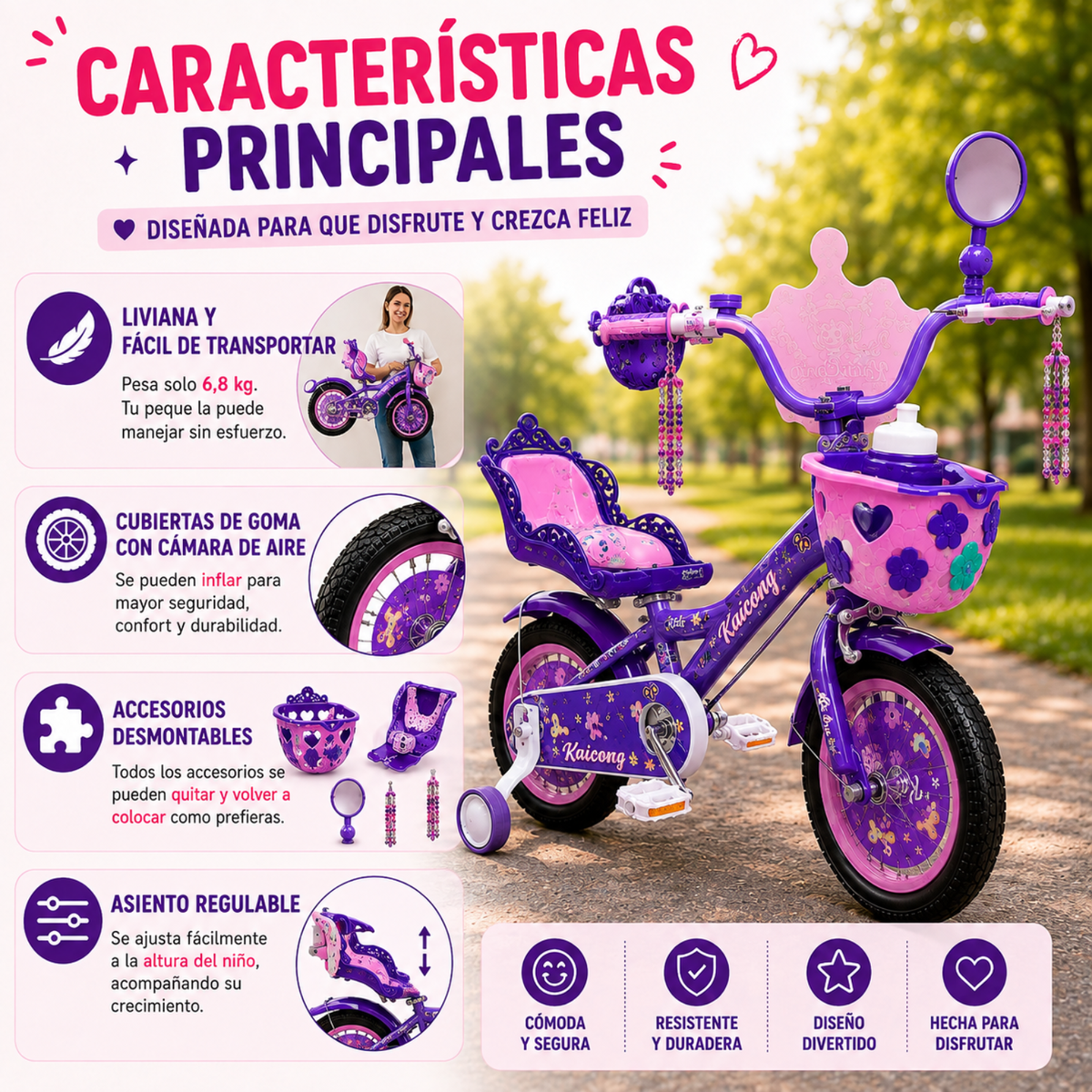 Bicicleta para niña Infantil Princesa Urbana Rodado 12 Con Rueditas Y Canasto Color Rosada-Violeta
