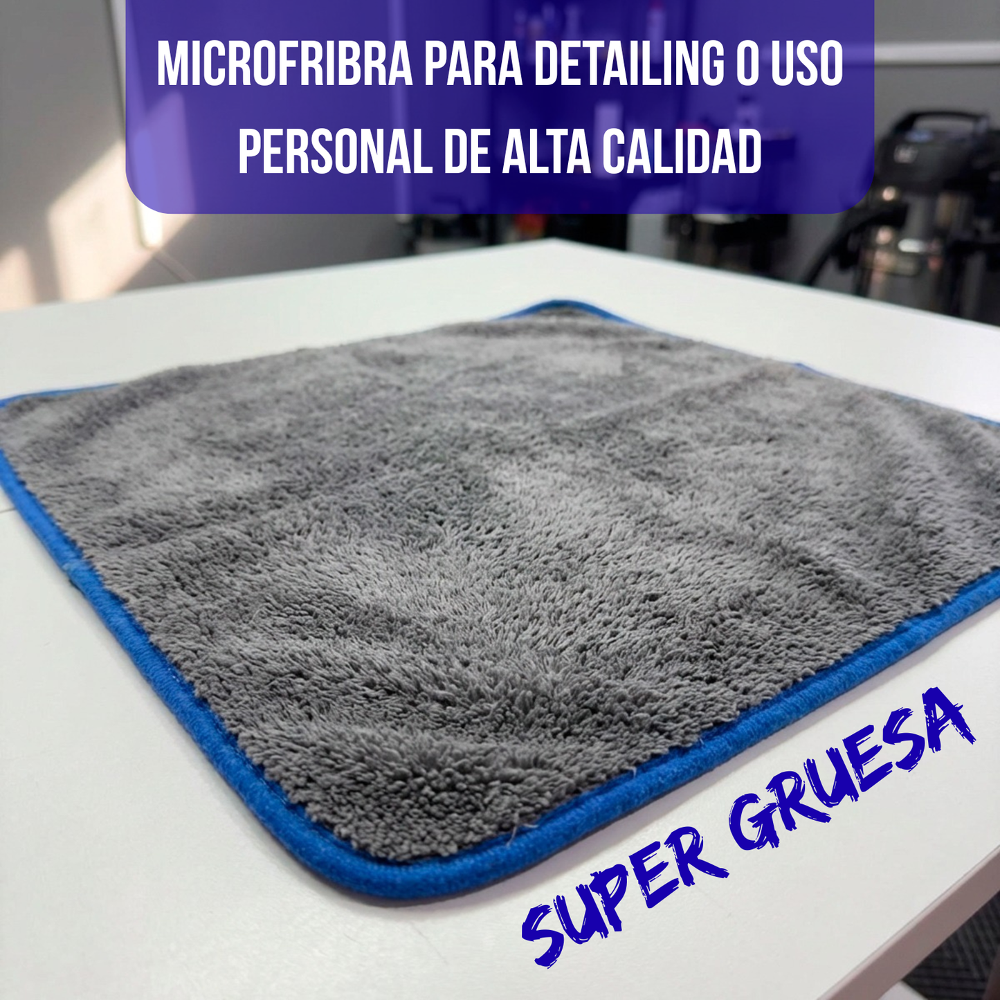 Paño Toalla De Microfibra Auto Detailing Gruesa 40x40 1000g Gris Con Azul