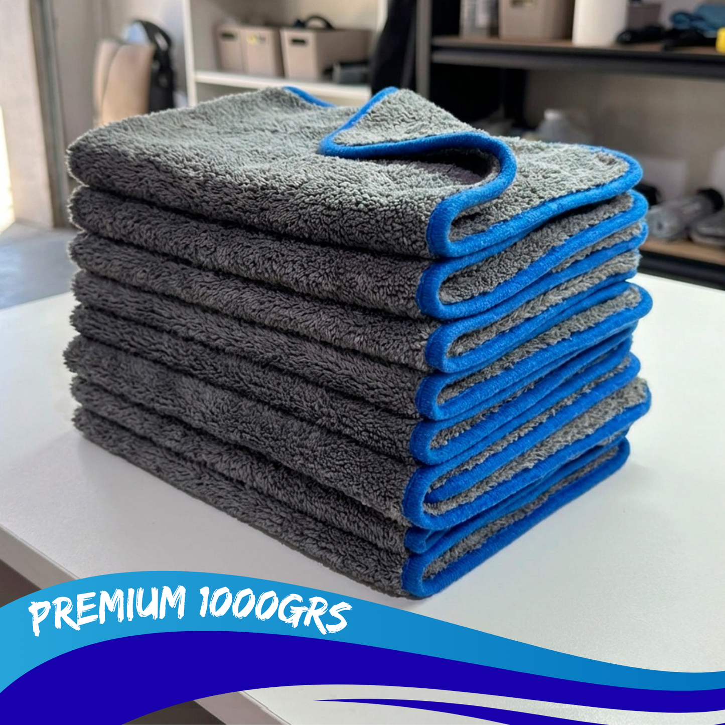 Paño Toalla De Microfibra Auto Detailing Gruesa 40x40 1000g Gris Con Azul