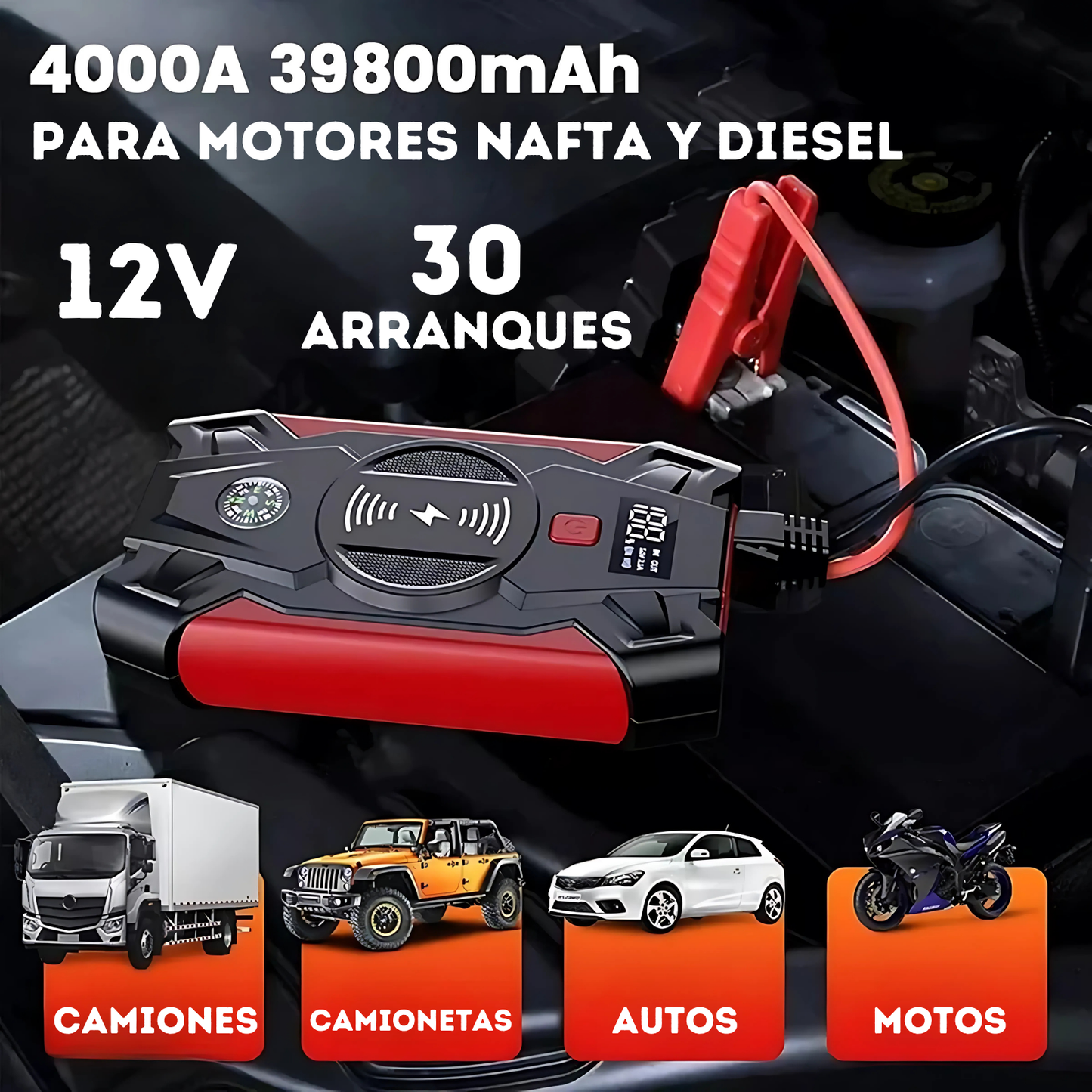 Arrancador Cargador Batería De Autos POTENTE NAFTA O DIESEL Portátil Con Compresor