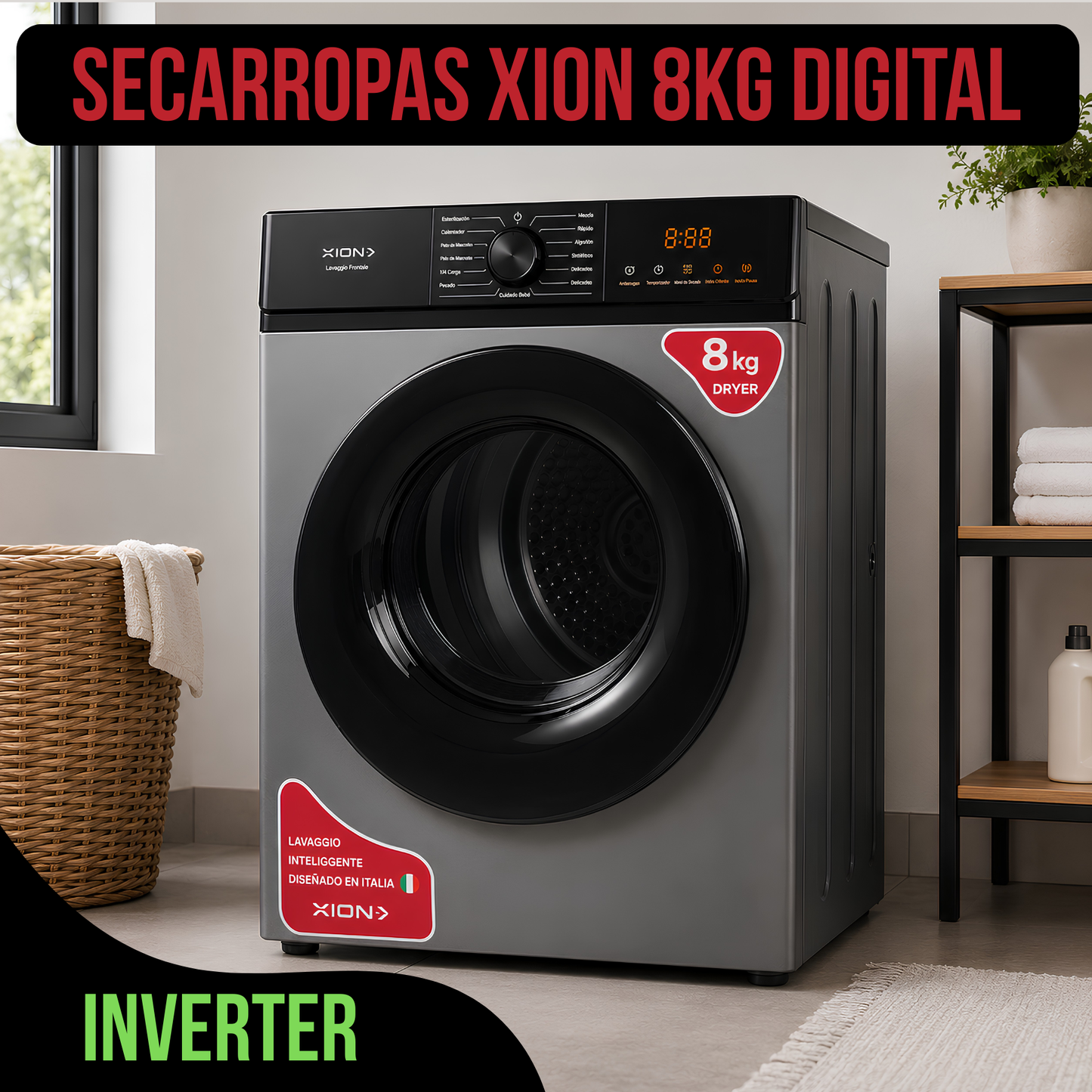 Secarropas Inverter 8kg Secadora Ropa Bajo Consumo Xion Gris