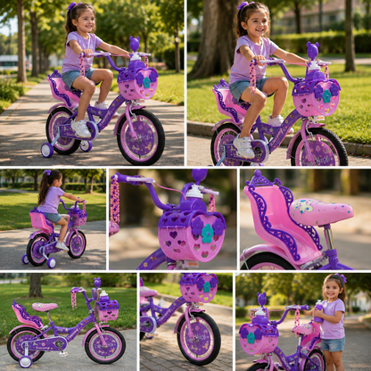 Bicicleta para niña Infantil Princesa Urbana Rodado 16 Con Rueditas Y Canasto Color Rosada-Violeta