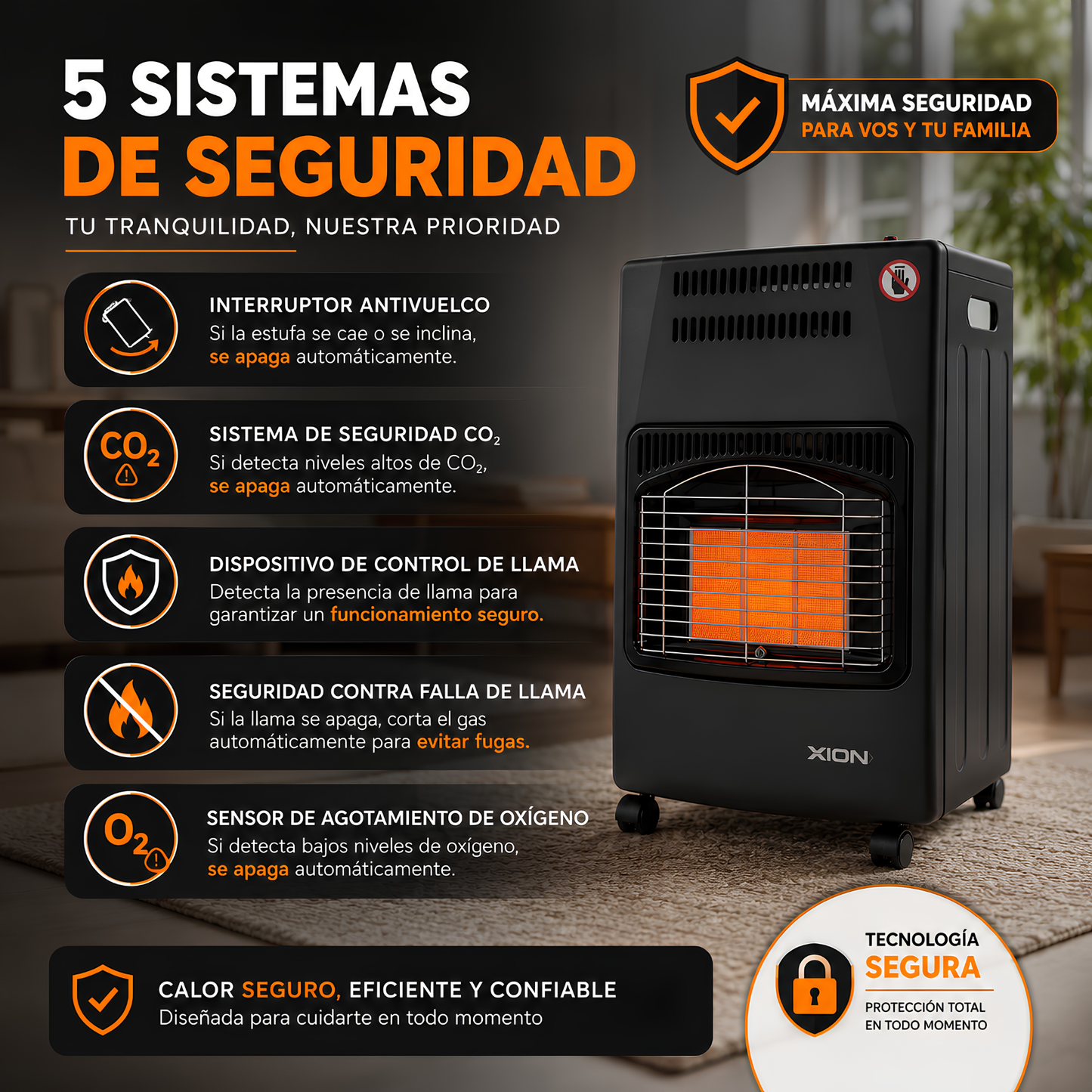 Estufa a gas supergas plegable Xion 3 niveles de potencia y seguridad