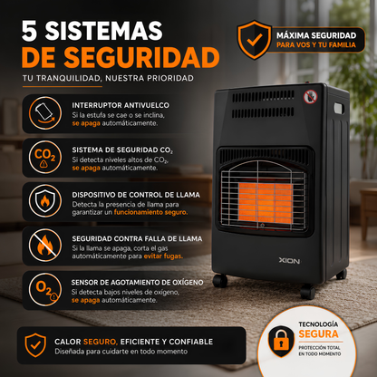 Estufa a gas supergas plegable Xion 3 niveles de potencia y seguridad