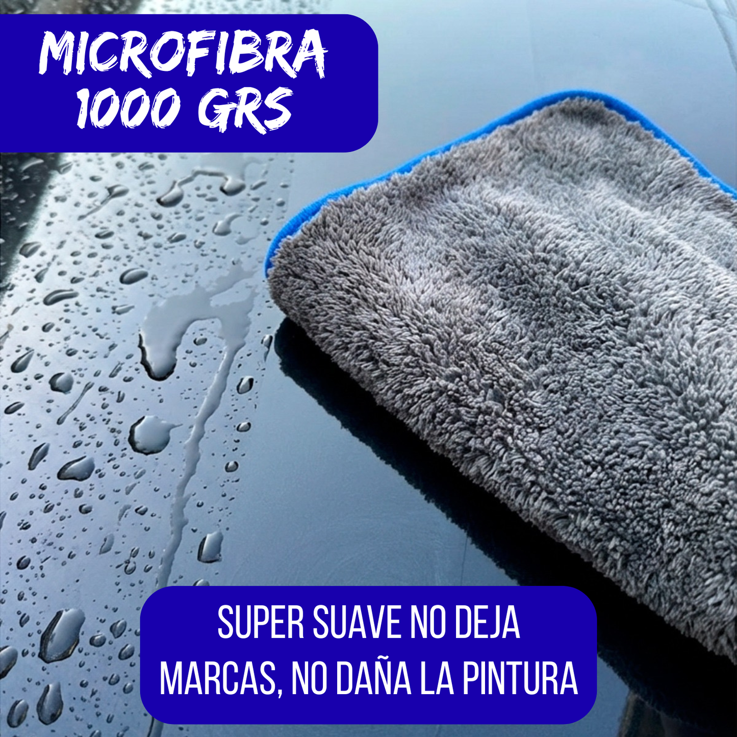 Paño Toalla De Microfibra Auto Detailing Gruesa 40x40 1000g Gris Con Azul