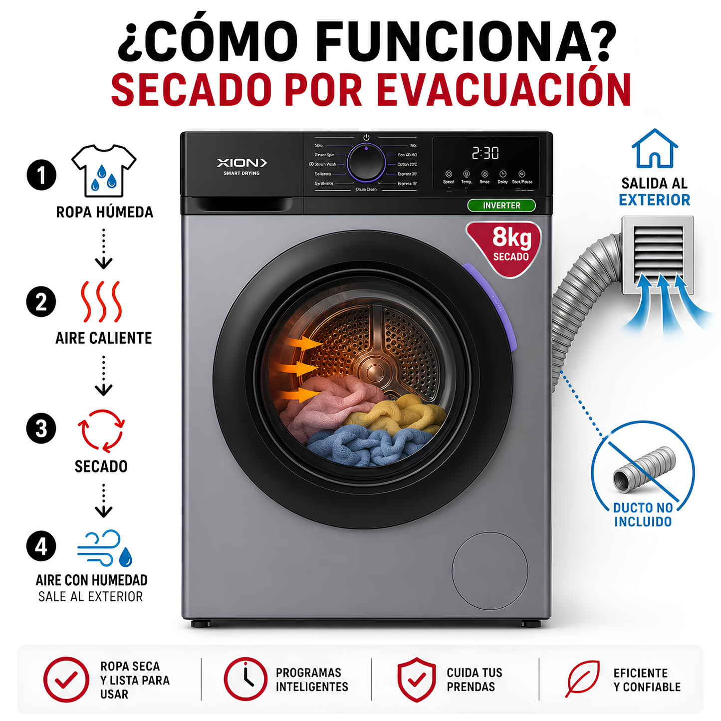 Secarropas Inverter 8kg Secadora Ropa Bajo Consumo Xion Gris
