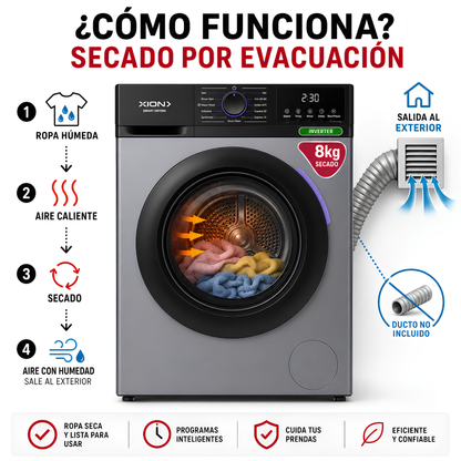 Secarropas Inverter 8kg Secadora Ropa Bajo Consumo Xion Gris