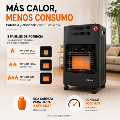 Estufa a gas supergas plegable Xion 3 niveles de potencia y seguridad