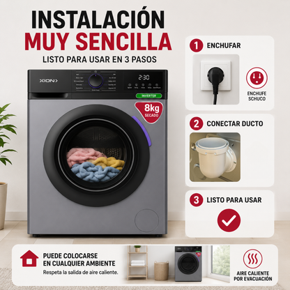 Secarropas Inverter 8kg Secadora Ropa Bajo Consumo Xion Gris
