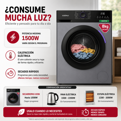 Secarropas Inverter 8kg Secadora Ropa Bajo Consumo Xion Gris