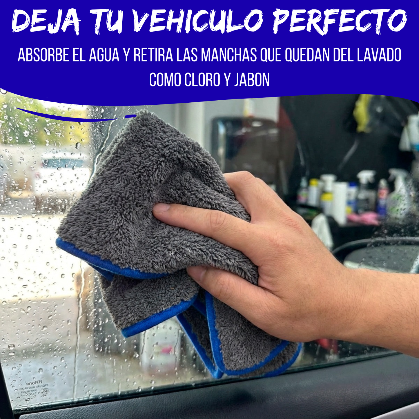 Paño Toalla De Microfibra Auto Detailing Gruesa 40x40 1000g Gris Con Azul