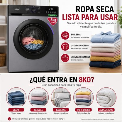 Secarropas Inverter 8kg Secadora Ropa Bajo Consumo Xion Gris