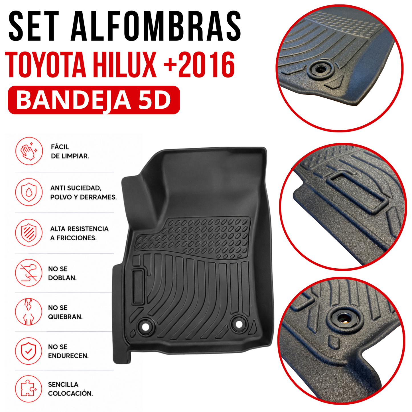 Juego alfombras bandeja Rígida Toyota Hilux +2016 Juego específico bandejas