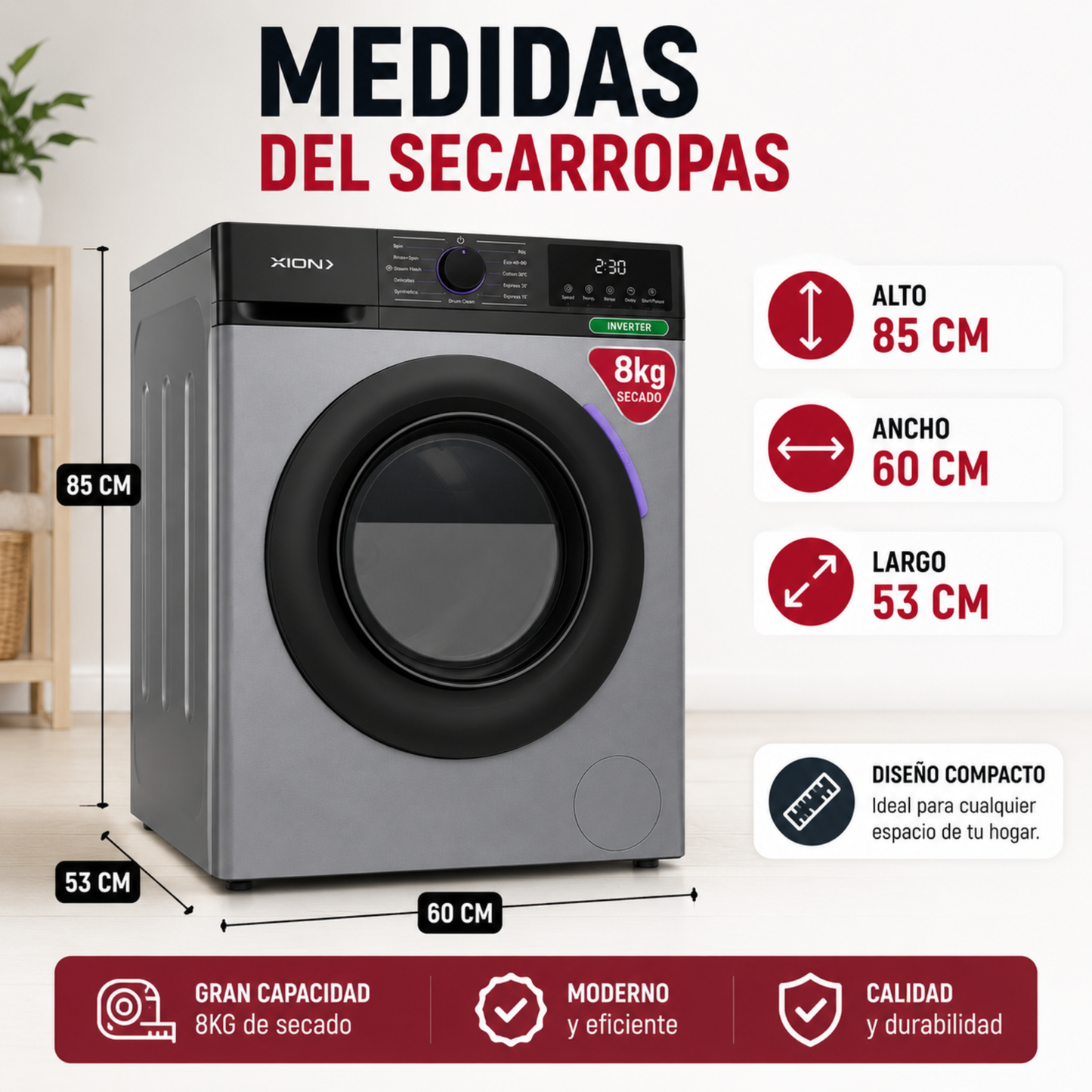 Secarropas Inverter 8kg Secadora Ropa Bajo Consumo Xion Gris