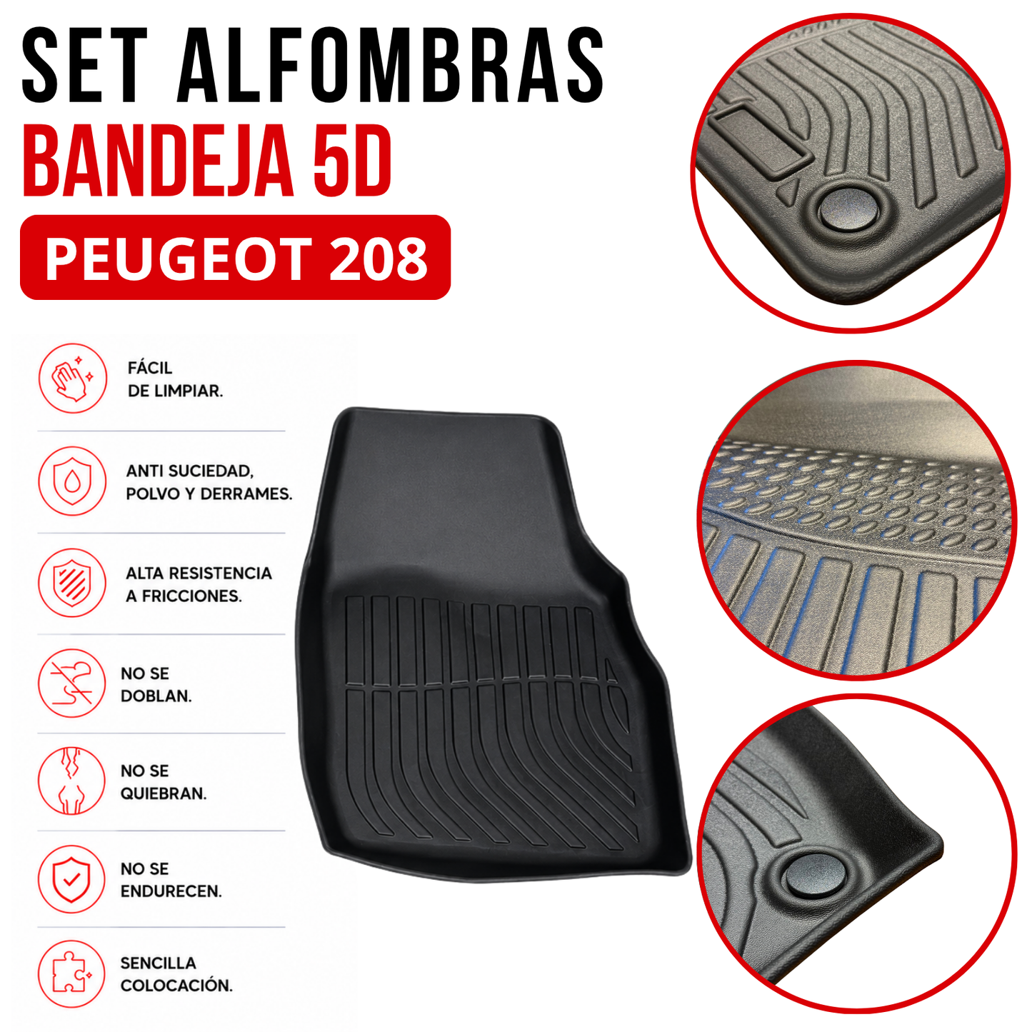 Alfombra PEUGEOT 208 Bandeja Rígida 5d Bandeja De Piso Auto Set alfombras TPE RÍGIDO