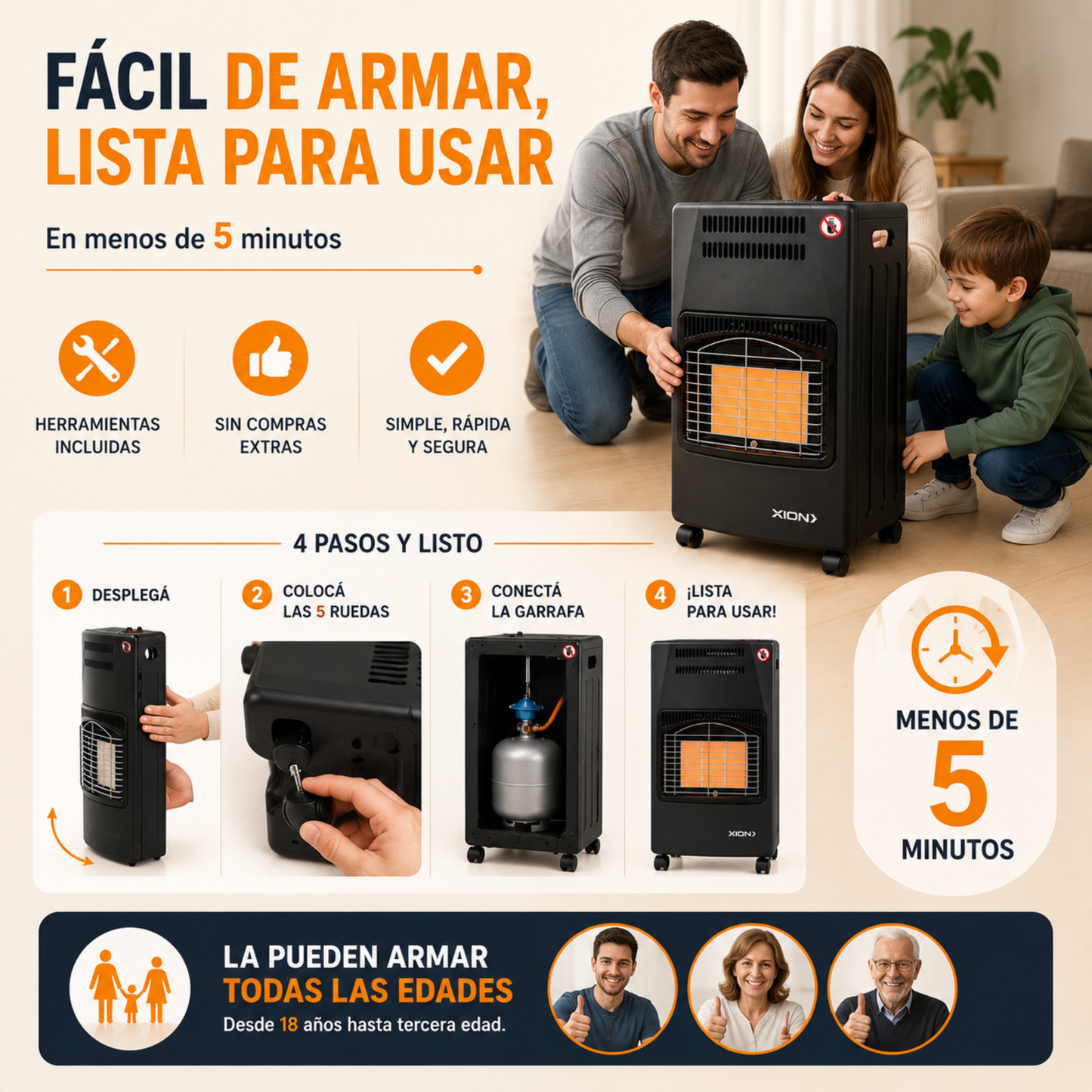 Estufa a gas supergas plegable Xion 3 niveles de potencia y seguridad
