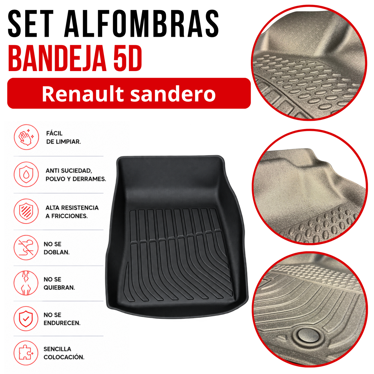 Alfombra Renault Sandero Bandeja Rígida 5D Bandeja de piso para auto