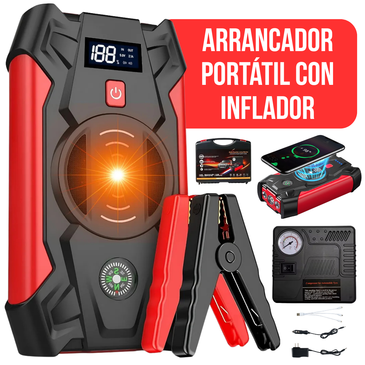 Arrancador Cargador Batería De Autos POTENTE NAFTA O DIESEL Portátil Con Compresor