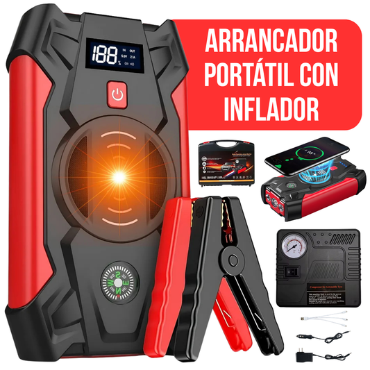 Arrancador Cargador Batería De Autos POTENTE NAFTA O DIESEL Portátil Con Compresor