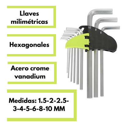 Juego De Llaves Allen Alen Milimétricas Hexagonales Largas